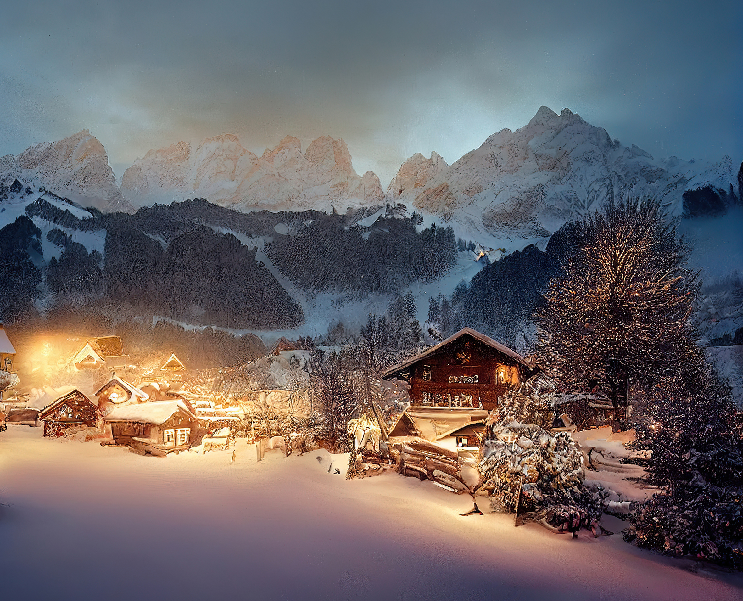 A snow-covered and brightly lit village at dusk. A mountain panorama can be seen behind it.