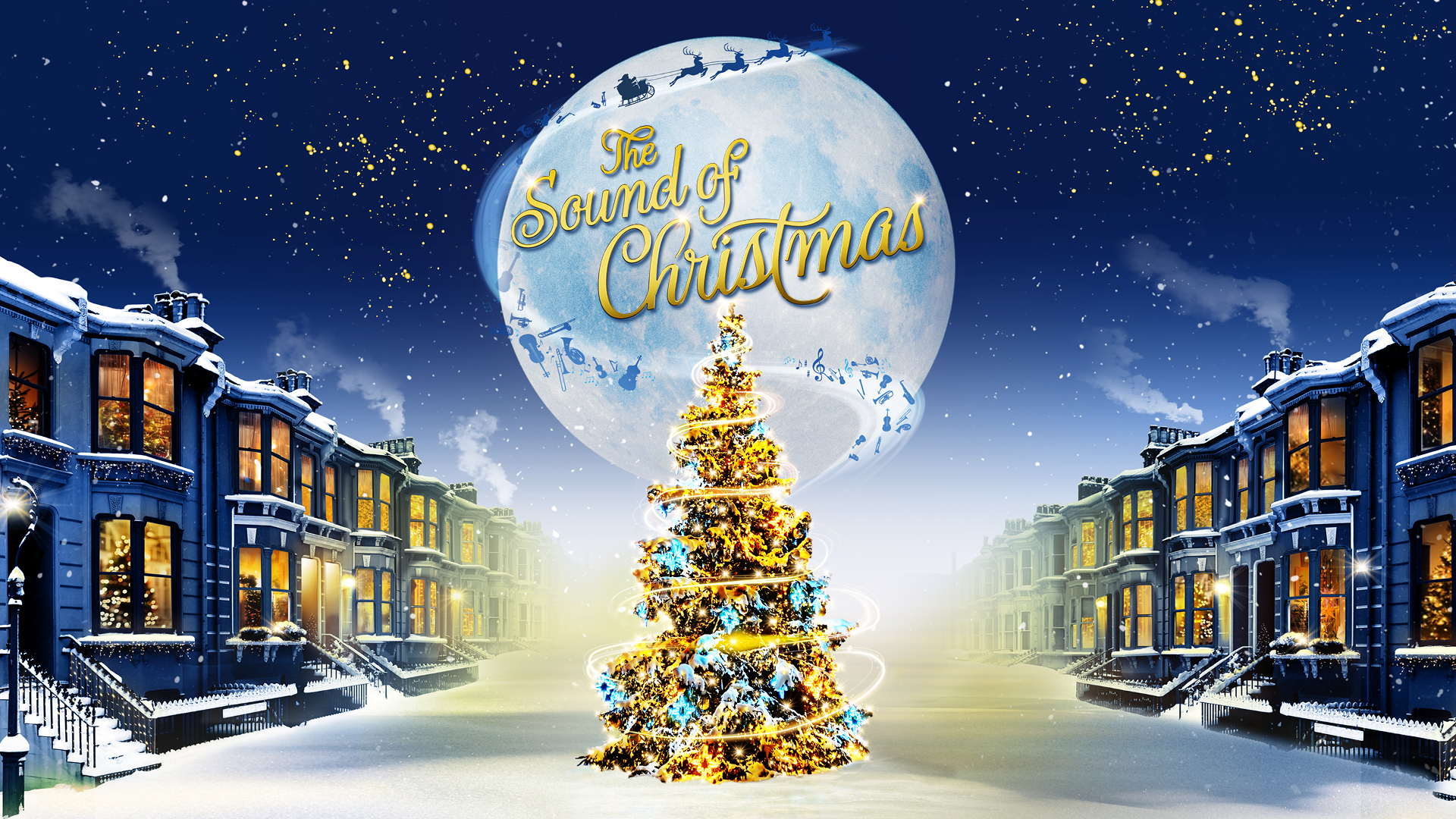 Ein leuchtender Weihnachtsbaum steht zwischen zwei Häuserreihen auf der Straße, im Hintergrund ist ein großer Vollmond am Himmel.
