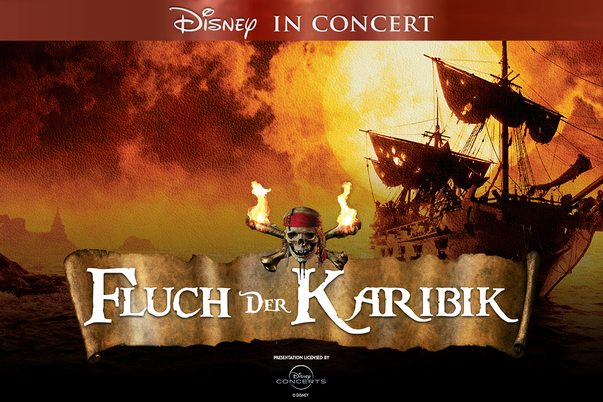 The film cover of "Pirates of the Caribbean". It says in white letters: Pirates of the Caribbean Disney in Concert