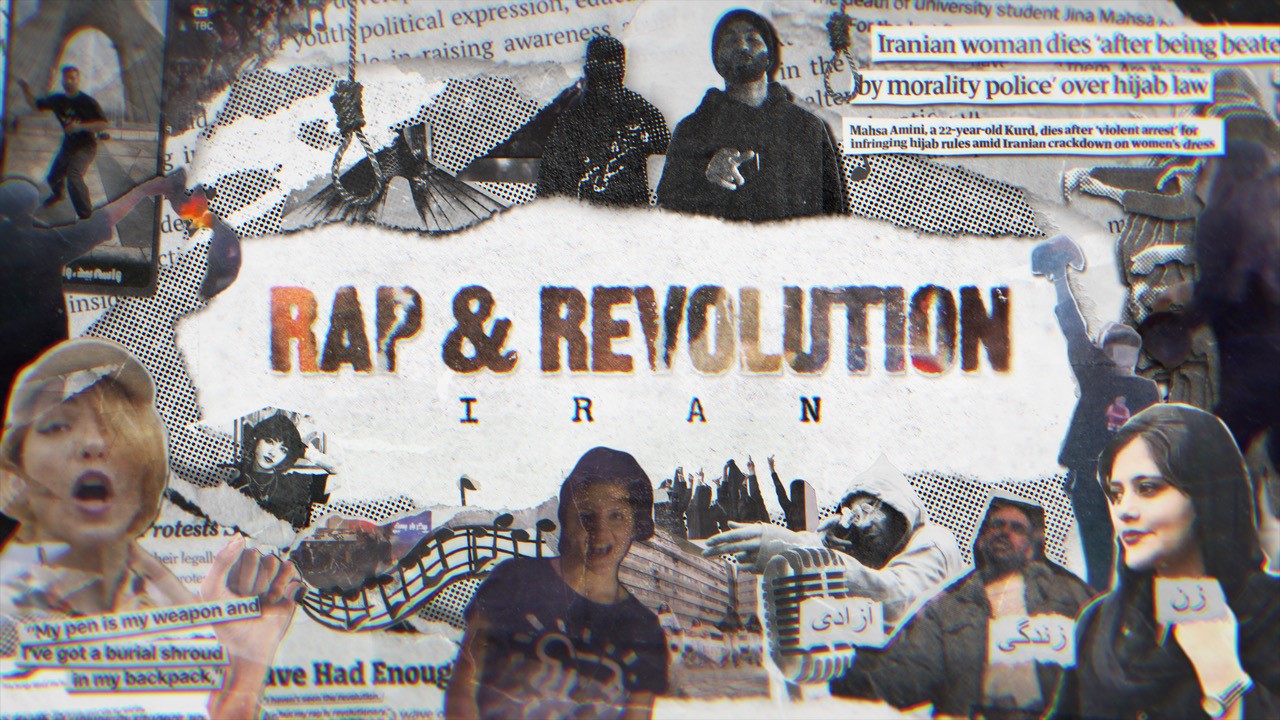 Eine Collage aus Zeitungsausschnitten, in der Mitte steht Rap & Revolution.