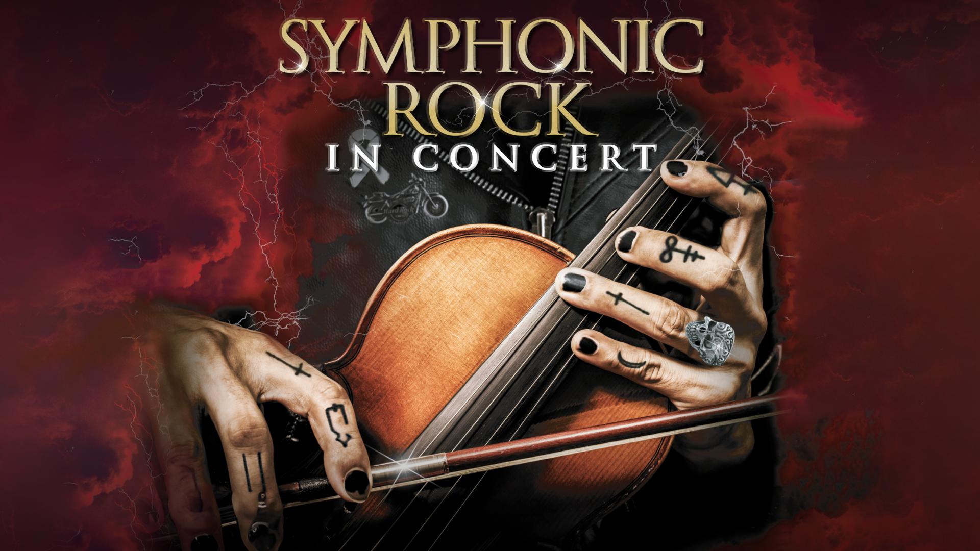 KeyArt Symphonic Rock in Concert. A hand with runic tattoos holds a violin. The background is blood red.