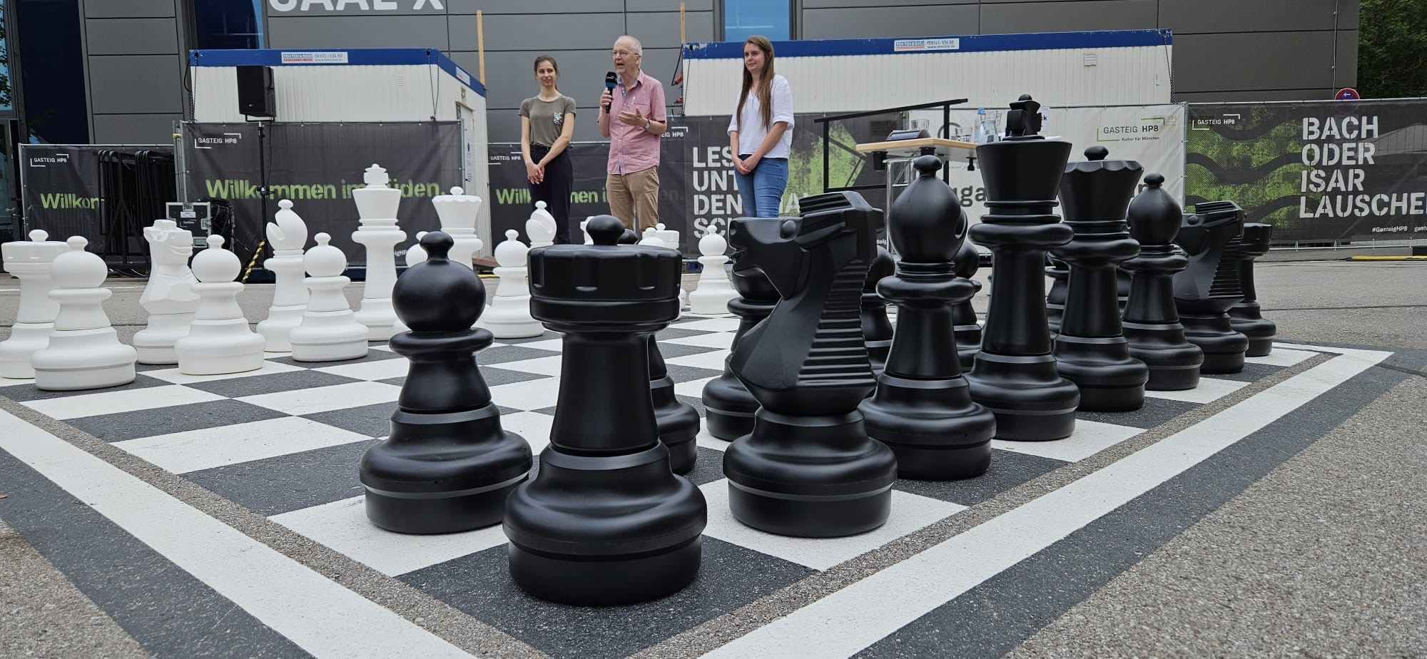 Alle schwarzen und weißen Spielfiguren stehen bereit für eine Schachpartie.